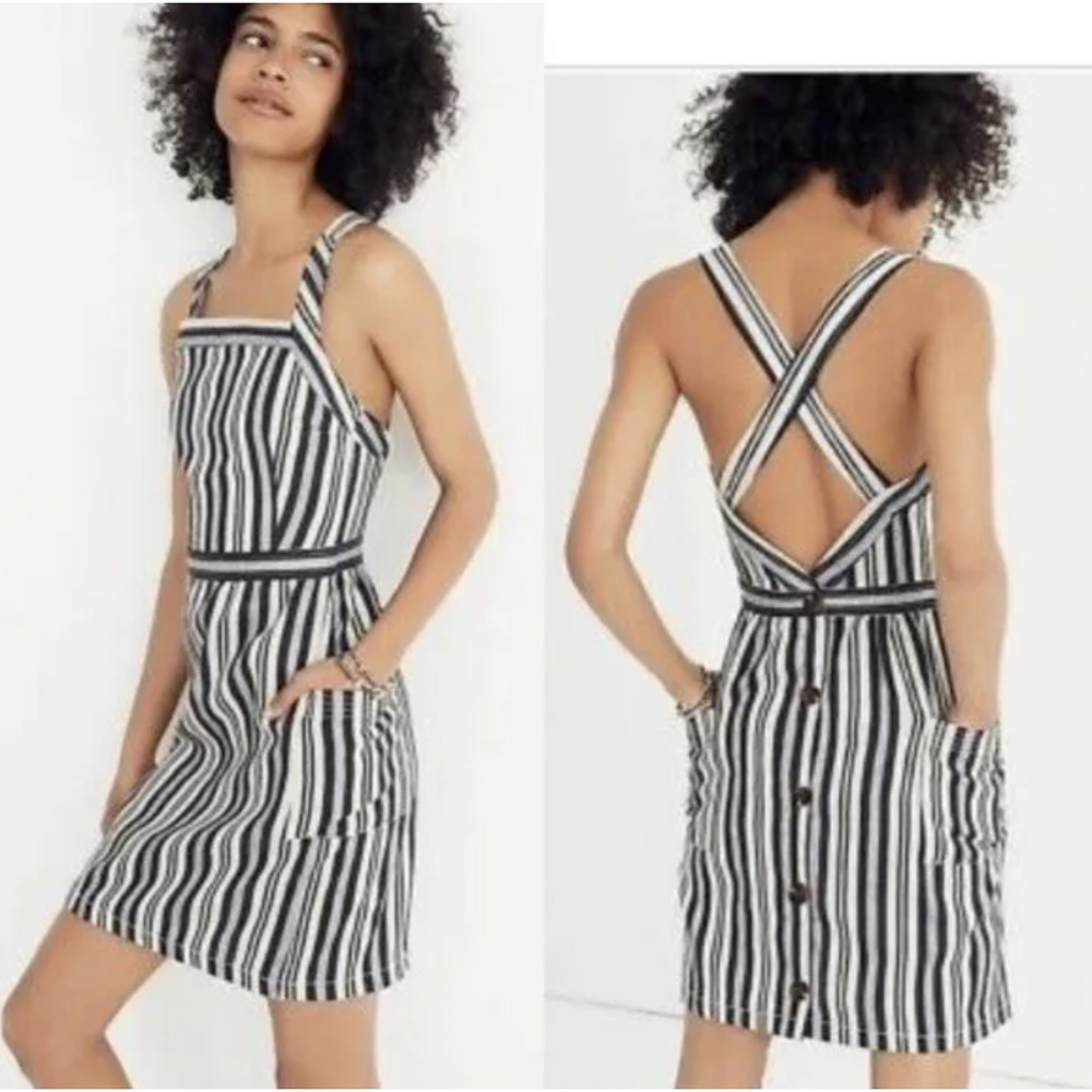 NWT Madewell Linen Cotton Blend Apron Mini Dress In Evelyn Stripe • Size 4 🔴